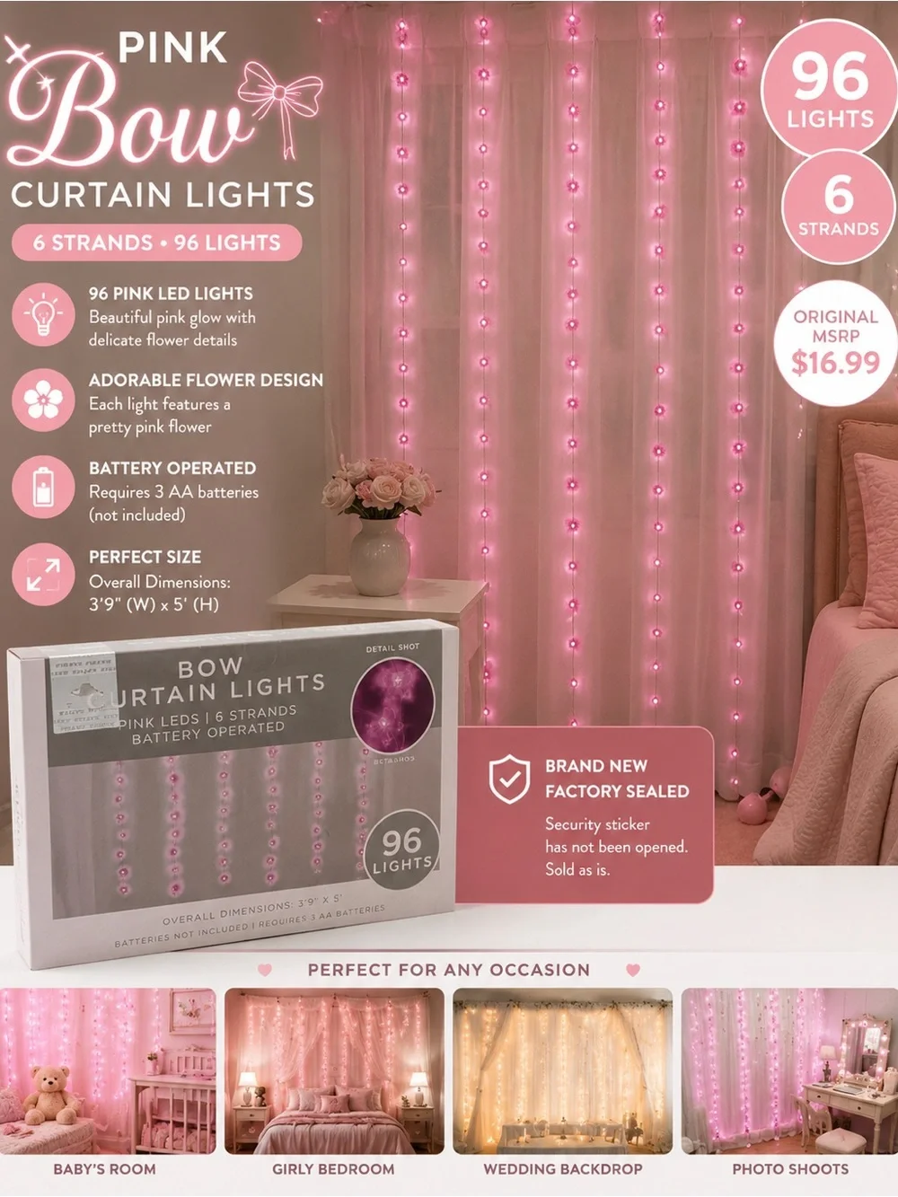 Pink Bow Curtain String Lights - 96 LED Floral Panels